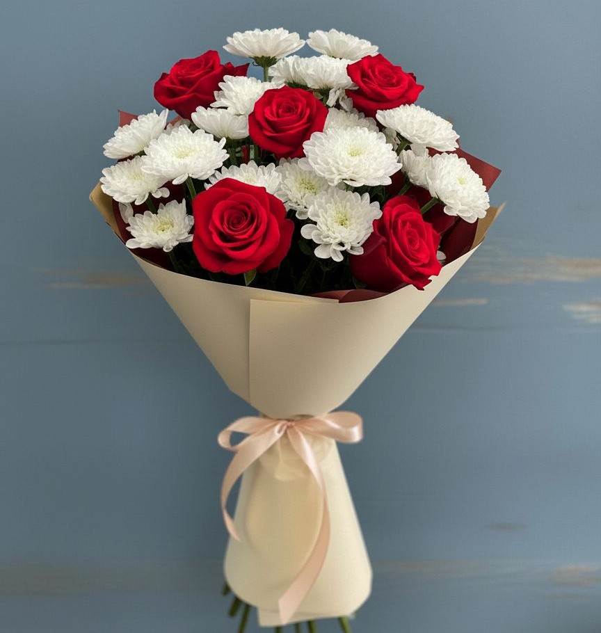 Букет романтическая гармония в Никеле Букет цветов из: Розы и Хризантемы в Никеле