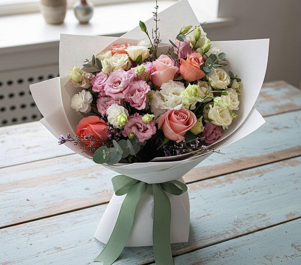 Букет цветов из: Розы, Лизиантусы и Гвоздики в Никеле