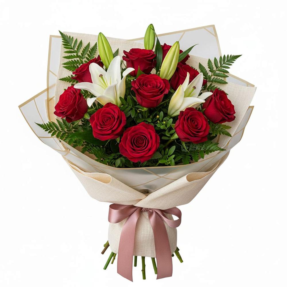 Букет цветов из: Лилии и Розы в Никеле