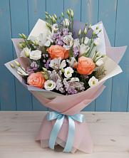 Букет Утренняя свежесть в Никеле Букет цветов из:  Лизиантусы, Розы, Альстромерии и Гипсофила в Никеле