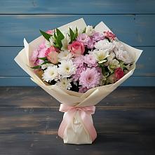 Букет цветов из:  Хризантемы, Альстромерии и Розы в Никеле