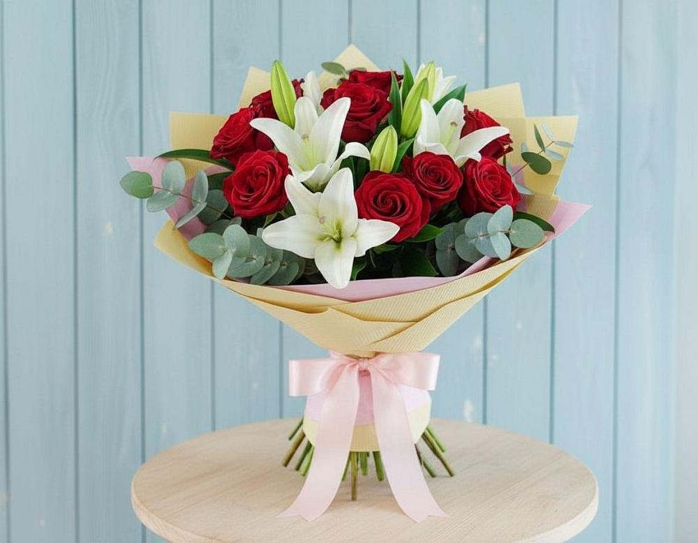 Букет цветов из: Лилии и Розы в Никеле