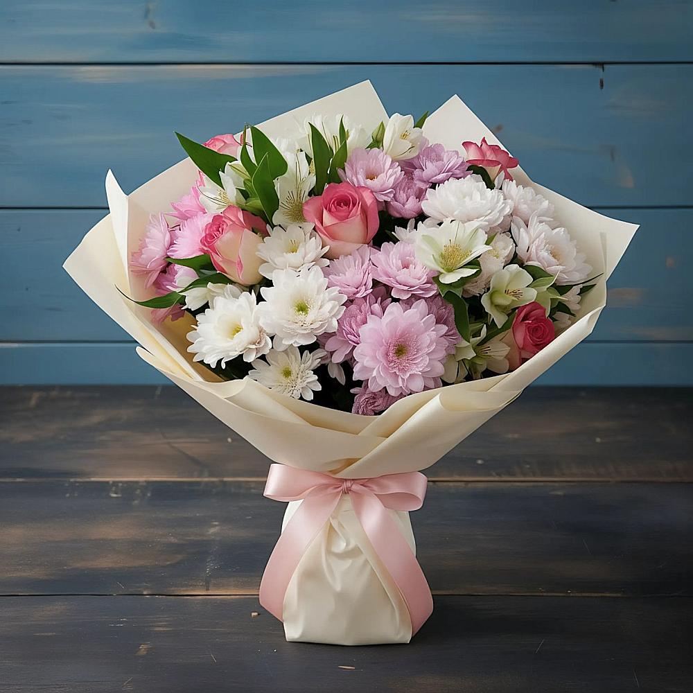 Букет Розовое очарование в Никеле Букет цветов из: Хризантемы, Альстромерии и Розы в Никеле
